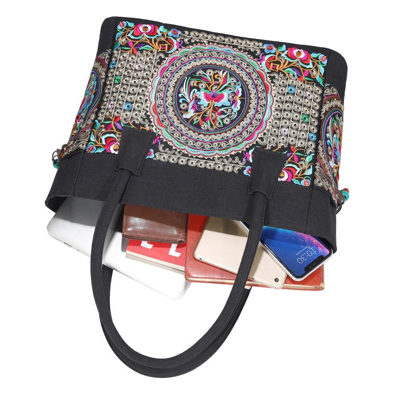 SILKAREA Embroidered Large Canvas Tote Bag for Women with Zipper Handmade Vintage Handbag Shoulder Bag (S1 Black) - Image 5